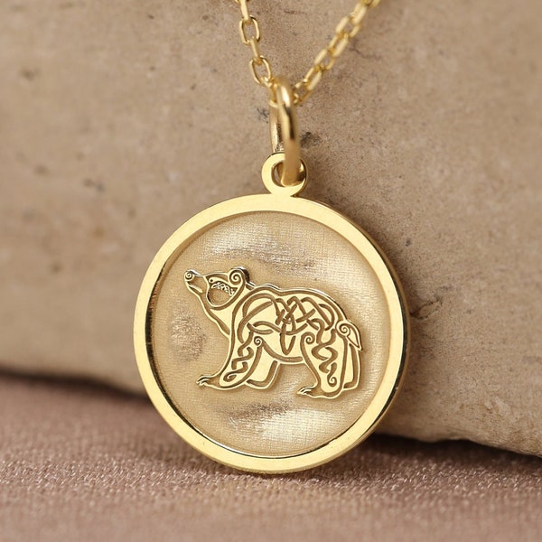 14k Solid Gold Celtic Bear Necklace , Personalized Mama Bear Pendant , Bear Charm Jewelry, Family Necklace , Dainty Mom Necklace , Mom Gift