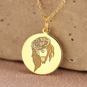 Colgante de Jesucristo de oro macizo de 14 k, colgante de Jesús de oro macizo de 14 k, colgante religioso, colgante cristiano cruzado, encanto de protección, regalo de mamá