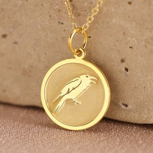14k Solid Gold Celtic Crow Necklace , Gold Raven Pendant , Personalized  Crow Jewelry , Gold Coin Raven Charm , Bird Necklace , Woman gift