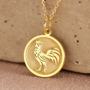 14k Solid Gold Rooster Zodiac Necklace , Personalized Rooster Pendant , Rooster Jewelry , Gold Disc Rooster ,Animal Necklace  Pendant , Gift