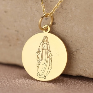 14k Solid Gold Virgin Mary Necklace , Personalized Mother Mary Religious Pendant , Christian Orthodox Pendant ,Christening Necklace,Mom gift
