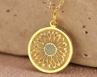 14k Solid Gold Sunflower Pendant , Personalized Sun Flower Necklace , Flower Pendant , Sunshine Pendant Coin Necklace , Birthday gift