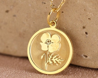 Collana di fiori di papavero in oro massiccio 14k, fascino di papavero personalizzato, fascino di papavero delicato, fiore di nascita di agosto, gioielli di papavero, regalo di compleanno