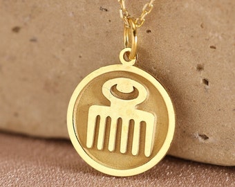 Duafe Adinkra Silver Necklace, 14K Gold Plated African Symbol Pendant Jewelry Gift for Wife Girlfriend Mom, Spiritual Women Mom Gift
