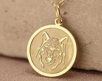 Colar de lobo em ouro maciço 14k, pingente de lobo personalizado, colar de moeda de lobo, joias de animais, colar personalizado de lobo, pingente de pingente de lobo