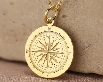 14k Solid Gold Compass Necklace , Compass Jewelry , Compass Gift , Compass Charm, Personalized Compass , Custom pendant, Traveler Gift