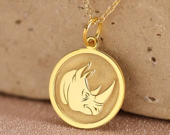 14k Solid Gold Rhino Pendant Rhinoceros Head Jewelry Animal - Main Image