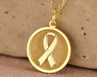 14k Solid Gold Awareness Ribbon Necklace , Personalized Cancer Ribbon Pendant , Breast Cancer Symbol , Memorial Pendant ,Birthday Gift