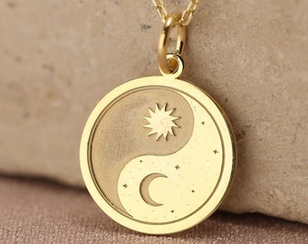 14k Solid Gold Moon And Sun Necklace , Personalized Moon  Sun Pendant , Sun And Moon Pendant , 14k Real Gold Sun - Moon Necklace , Mom gift