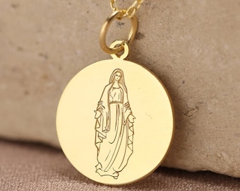 Collar de la Virgen María de oro macizo de 14k, colgante religioso personalizado de la madre María, colgante ortodoxo cristiano, collar de bautizo, regalo de mamá