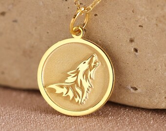 Colar de lobo em ouro maciço 14k, pingente de lobo uivante personalizado, moeda de lobo, joias de animais, colar personalizado de lobo, pingente de pingente de lobo