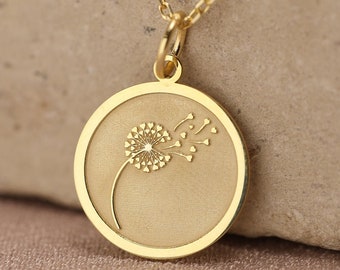 14k Solid Gold Dandelion Necklace , Flower Pendant ,  Personalized Dandelion Pendant , Minimalist Disc Jewelry , Dandelion Flower , Gift