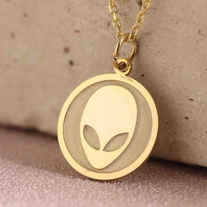 14k Solid Gold Alien Necklace , Dainty 14k  Gold Alien Necklace , Alien Head Pendant , Alien Head Charm Space Galaxy Jewelry , Birthday Gift