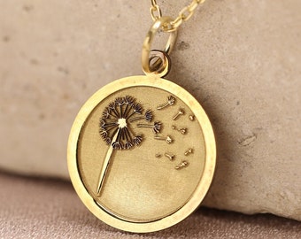 14k Solid Gold Dandelion Necklace , Flower Pendant ,  Personalized Dandelion Pendant , Minimalist Disc Jewelry , Dandelion Flower , Gift