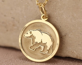 14k Solid Gold Bear Necklace , Personalized Mama Bear Pendant , Bear Charm Jewelry, Family Necklace , Dainty Mom Disc Necklace , Mom Gift