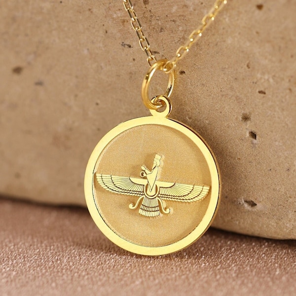 14k Solid Gold Faravahar Necklace , Ahura Mazda Pendant , Faravahar symbol Zoroastrian Charm, Ancient Wing God Necklace , Birthday Gift