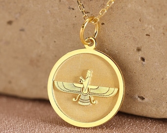 14k Solid Gold Faravahar Necklace , Ahura Mazda Pendant , Faravahar symbol Zoroastrian Charm, Ancient Wing God Necklace , Birthday Gift