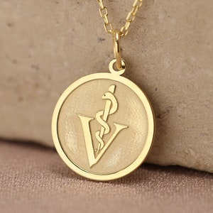 14k Solid Gold Veterinarian Symbol Necklace, Personalized Veterinarian Symbol Pendant, Id Animal Pendant,Veterinarian Gift Necklace,Vet Gift image 1