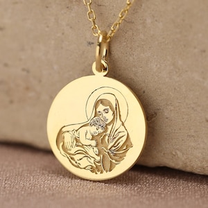 14k Solid Gold Mary and Jesus Necklace ,Virgin Mary , Holy Mother , Greek Orthodox Pendant , Baby Jesus Pendant , Religious Jewelry,Mom Gift