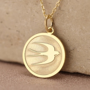 14k Solid Gold Swallow Necklace , Bird Pendant , Personalized Swallow Bird Jewelry , Nature Charm , Animal Pendant , Bird Coin Necklace Gift