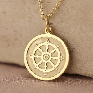 14k Solid Gold Dharma Wheel Necklace , Personalized Coin Necklace , Solid gold yoga Jewelry , Gold Dharmachakra Necklace,