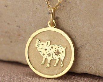 14k Solid Gold Pig Zodiac Necklace , Personalized Pig Pendant , Pig Coin Necklace , Pig Animal Jewelry , Pet Charm Pendant , Birthday Gift