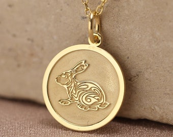 14k Solid Gold Celtic Rabbit Necklace , Personalized Celtic Rabbit Pendant , Gold Rabbit Charm , Celtic Mythology , Animal , Gift For Her