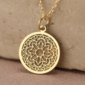 14k Solid Gold Mandala Pendant , Gold Mandala Medallion Necklace , Boho Necklace Dainty Layering Yoga Necklace , Birthday gift