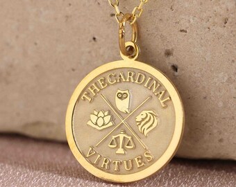 14k Solid Gold Cardinal Virtues Necklace , Four Virtues Pendant , Cardinal Virtues Of Stoicism Gold Pendant , Philosophy , Mom Birthday Gift