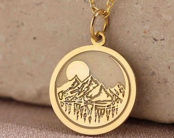 14k Solid Gold Mountain moon Necklace Solid Gold , Mountain moon Necklace , Mountain Gold Necklace for gift , Gift For Her,  Traveller gift