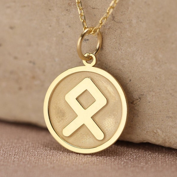 14k Solid Gold Homeland Rune Necklace , Othala Rune Charm , Personalized Othala Rune Necklace , Roots Pendant , Birthday Gift