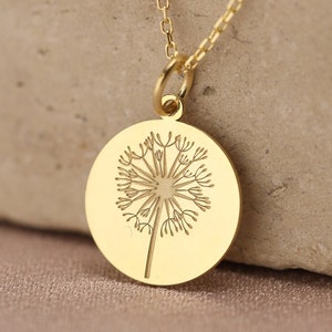 14k Solid Gold Dandelion Necklace , Flower Pendant ,  Personalized Dandelion Pendant , Minimalist Disc Jewelry , Dandelion Flower , Gift