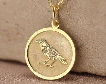 14k Solid Gold Celtic Crow Necklace , Gold Crow Pendant , Personalized Celtic Jewelry , Gold Coin Raven Charm , Bird Necklace , Woman gift