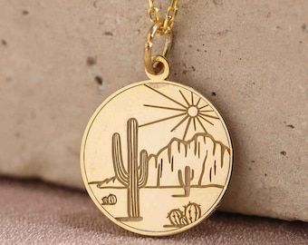 14k Solid Gold Cactus Necklace , Brushed Saguaro Pendant , Desert Pendant ,Botanical Charm , Desert Necklace , Cactus Jewelry, Birthday Gift