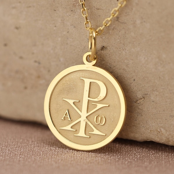 14k Solid Gold Cross Necklace , Christian Cross Gold Pendant , Chi Rho Cross Necklace , Greek Orthodox Jewelry , birthday gift