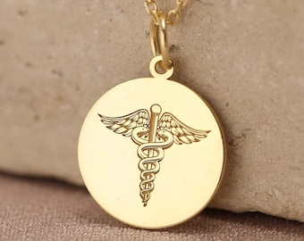 14k Solid Gold Medic Disc Anhänger, Medizinische Alarm Halskette, Arzt Halskette, Notfall Kontakt Charm, Allergiker Informationen Anhänger