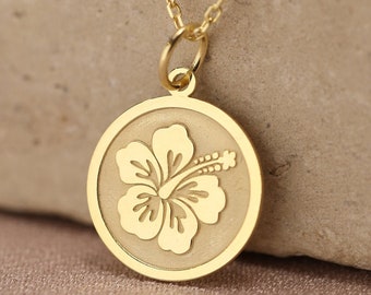 14k Solid Gold Hibiskus Flower Necklace , Personalized Hibiskus Flower , Tropical Necklace , Flower Necklace , birthday gift , Women Gift