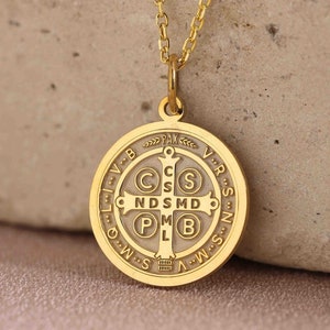 14K Solid Gold Saint Benedict , Dainty Religious Cross Necklace , 14K Saint Engraved St Benedict Pendant , 14K  Jewelry , Birthday Gift