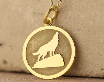 Colar de lobo em ouro maciço 14k, pingente de lobo personalizado, colar de moeda de lobo uivante, joias de animais, colar personalizado, pingente de lobo