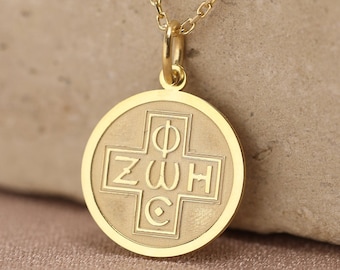 14k Solid Gold Phos Zoe Cross Cross Necklace , Christian Cross Gold Pendant , Religious Charm ,Greek Orthodox Jewelry,Phos Zoe,Birthday gift