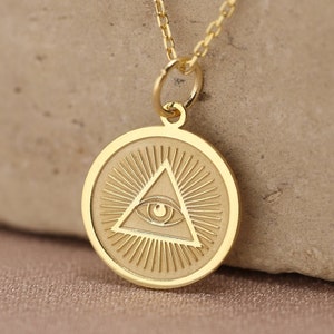 14k Solid Gold Evil Eye Necklace, Gold Evil Eye Disc Jewelry, Personalized Evil Eye Charm, Protection Eye Pendant, Good Luck Eye Necklace