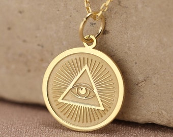 14k Solid Gold Evil Eye Necklace , Gold Evil Eye Disc Jewelry , Personalized Evil Eye Charm , Protection Eye Pendant ,Good Luck Eye Necklace