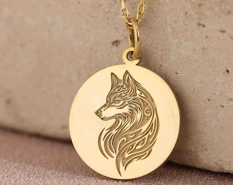 Colar de lobo em ouro maciço 14k, pingente de lobo uivante personalizado, moeda de lobo, joias de animais, colar personalizado de lobo, pingente de pingente de lobo