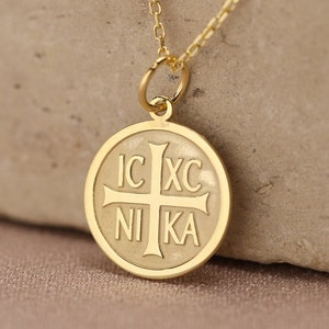 14k Solid Gold Cross Necklace , Christian Cross Gold Pendant , Religious Charm ,Greek Orthodox Jewelry ,ICXC NIKA Coin Pendant,birthday gift