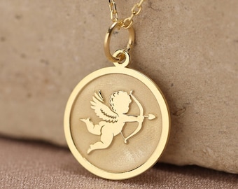 14k Solid Gold Amor Halskette, personalisierte Engel Amor Anhänger Charm, Baby Engel Anhänger, Liebe Anhänger, Valentines Geschenk, Geburtstagsgeschenk