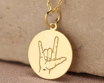 14k Solid Gold ASL Sign Language Necklace , I Love You ASL Sign Language Pendant , Personalized I Love You Sign, Love Pendant ,Birthday Gift