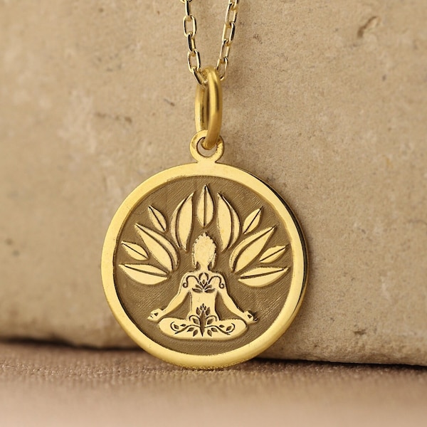 14k Solid Gold Yoga Lotus necklace , Yoga jewelry solid gold Om necklace, Yoga Lotus pendant , Lotus charm , Lotus Yoga Charm , Woman  gift