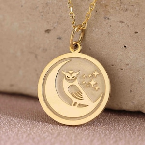 14k Solid Gold Moon And Owl Necklace , Personalized Moon And Owl Pendant ,Bird Owl Pendant ,Animal Necklace,Gold Owl Pendant , Birthday Gift