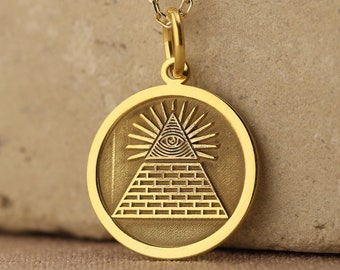 14k Solid Gold Illuminati Necklace , Personalized Eye Pendant , All Seeing Eye Charm , The Eye Of Providence Jewelry , Gift For Mom