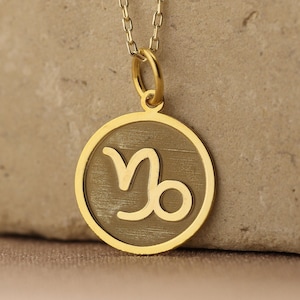 14k Solid Gold Capricorn Zodiac Necklace , Personalized Brushed Capricorn Zodiac Symbol Coin Pendant , Gold Zodiac Pendant , Women Gift